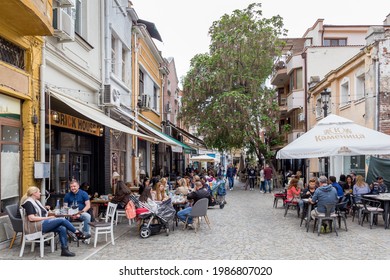 PLOVDIV, BULGARIA - MAY 8, 2021: People are enjoying a good weather in Kapana district, Plovdiv, Bulgaria