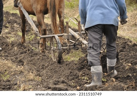 the plow plows the ground. Peasants plow the land with a plow and a horse