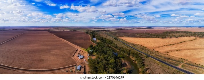 Plowed Agriculture Farmlands Around Moree Rural Regional Town On Artesian Basin In Australia - Aerial Panorama.