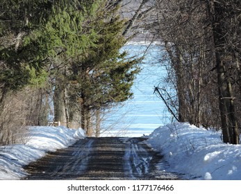 Plowed Driveway Leading To Lake In Wintertime