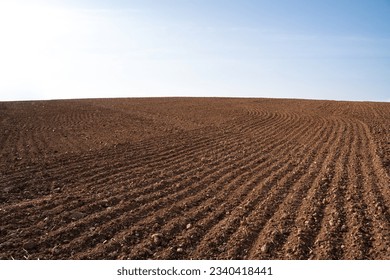 Plowed farmland with brown soil and a blue sunny sky
