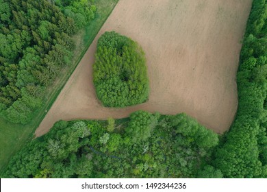 plowed small agriculture field in nature park, aerial view