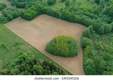 plowed sowed small agriculture field in nature park, aerial view