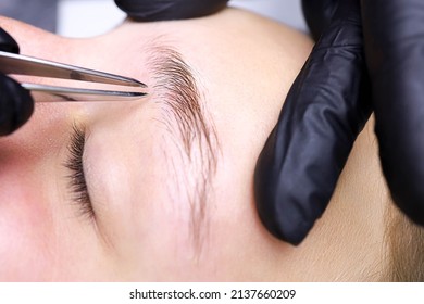 Plucking Unwanted Eyebrow Hairs After Laminating The Eyebrows With Tweezers