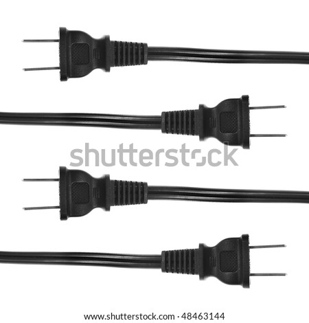 Plug on black cord isolated on white background with two prongs. This is an American plug