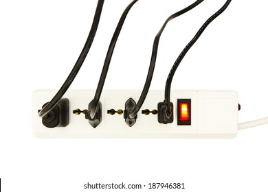 Plugs Is On The Power Strip With Turn On, On White Background.