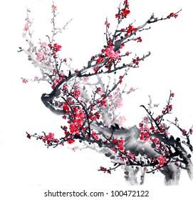 Plum Blossom on White Background-Traditional Chinese Painting. - Powered by Shutterstock