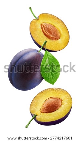 Plum Clipping Path. Plum and half isolated on white background with clipping path. Flying in air Plum macro studio photo