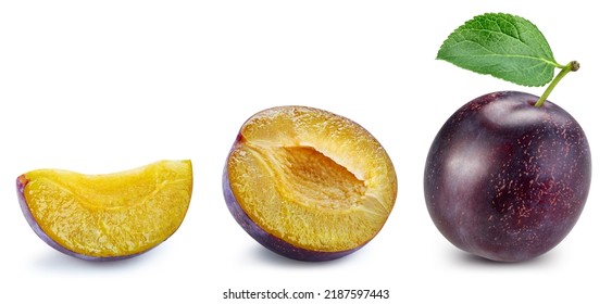 Plum collection with leaves isolated on white background. Plum set Clipping Path. Plum macro studio photo - Shutterstock ID 2187597443