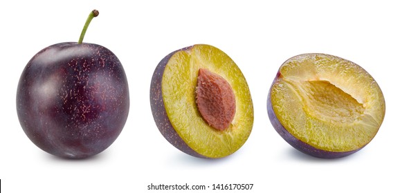 Plum isolated on white with clipping path. Plum collection and slice. Best studio food photography - Shutterstock ID 1416170507