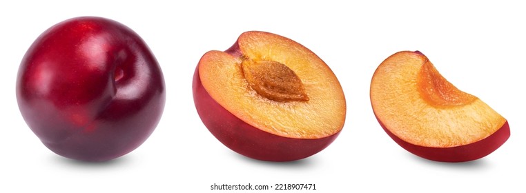 Plum isolated. Ripe red plum, plum half and slice isolated on white background. Fresh fruits.