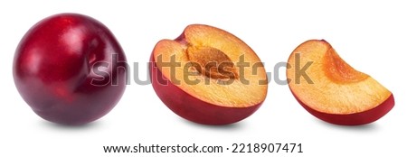 Plum isolated. Ripe red plum, plum half and slice isolated on white background. Fresh fruits.