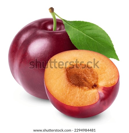 Plum isolated. Ripe red plum and half a plum on a white background.
