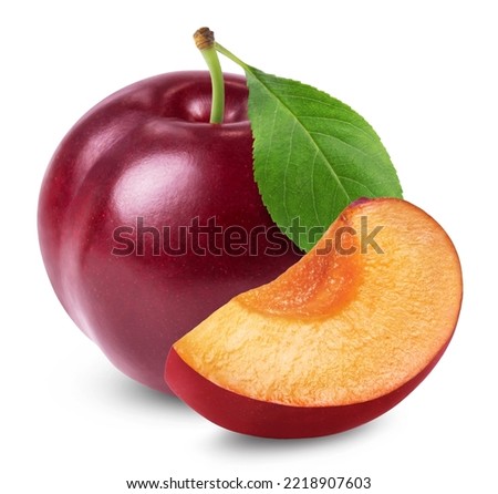 Plum isolated. Ripe red plum and plum slice isolated on white background. Fresh fruits.