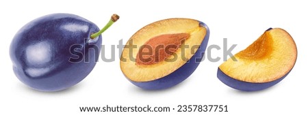 Plum isolated set. Collection of ripe plums and plum halves on a white background.