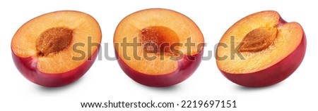 Plum isolated set. Ripe plum slices on a white background. Fresh fruits.
