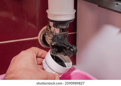 A plumber clears a blockage in a pipe