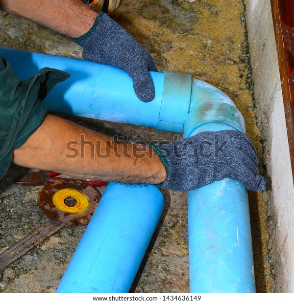 Plumber Connecting Pvc Pipe Water Pipe Stock Photo 1434636149