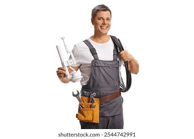 Plumber holding a toilet tank part and a drain hose isolated on white background