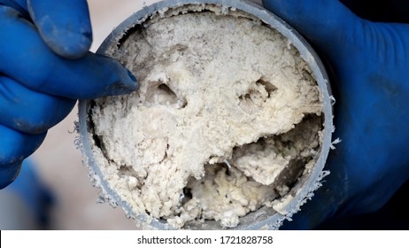 Plumber man in rubber gloves, shows a sewer pipe in section. Fat deposits in the tube. Clogging. Close-up. - Shutterstock ID 1721828758