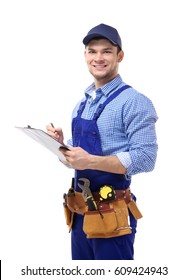 Plumber In Uniform Holding Clipboard On White Background