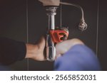 plumber at work in a bathroom, plumbing repair service , fix water plumbing leaks, replace the kitchen sink drain