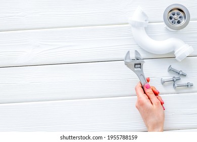 Plumber work with instruments, tools and gear on white background top view mockup