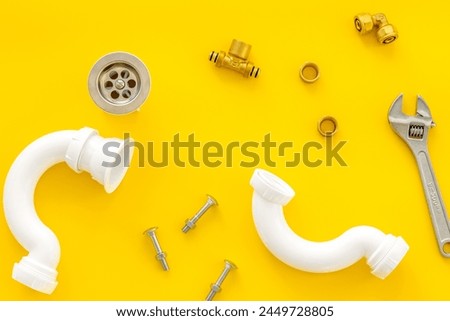 Plumber work with instruments, tools and gear for repair on white background top view pattern
