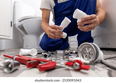plumber working in bathroom. installing drain pipes. plumbing services