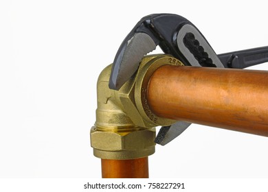 Plumbers Adjustable Wrench Tightening Copper Pipework Stock Photo ...