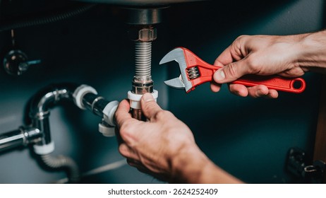 A plumber's hands are seen working under a sink, repairing pipes with a wrench and other tools.