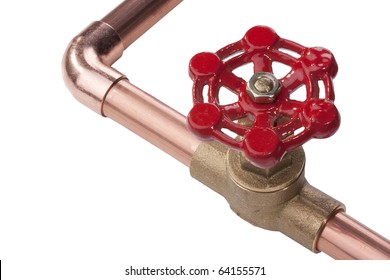 Plumbing Copper Pipe With A Brass Valve On A White Background.