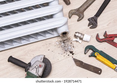 Plumbing Different Tools, Angle Grinder And Equipment For Repair Valve Of Broken Radiator Central Heating And Pipes At Home