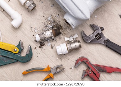 Plumbing Different Tools And Equipment For Repair Valve Of Central Heating Broken Radiator And Pipes At Home