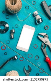 Plumbing DIY Tutorial App Smartphone Mock Up, Mobile Phone With Blank Screen, Top View