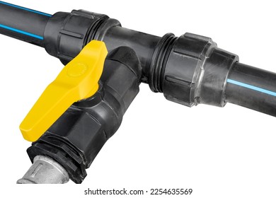 Plumbing fittings isolated on a white background. A yellow tap in a bent plastic pipe isolated over white. Water pipe - Shutterstock ID 2254635569