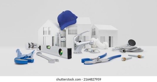 Plumbing Service, Components And Plumber Work Tools On Desk With Model House, Pipe Wrench, Faucet And Blue Hat, Plumbing Shop, Technical Assistance, Supply And Installation, Heating And Piping Systems