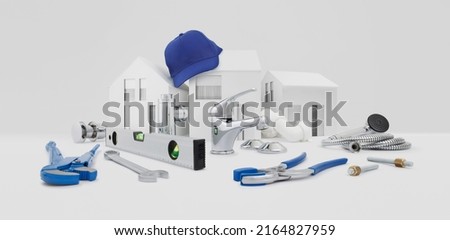 plumbing service, components and plumber work tools on desk with model house, pipe wrench, faucet and blue hat, plumbing shop, technical assistance, supply and installation, heating and piping systems