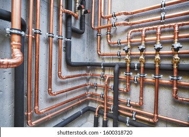 Plumbing Service. Copper Pipeline Of A Heating System In Boiler Room