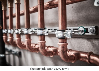 Plumbing Service. Copper Pipeline Of A Heating System In Boiler Room