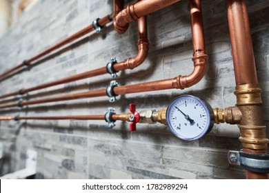 Plumbing service. copper pipeline of a heating system in boiler room