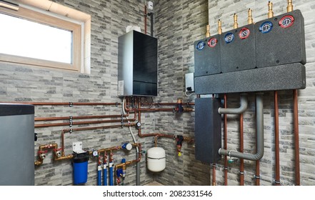 Plumbing Service. Pipeline With Filtraters And Leakage Protecting Equipmentin Boiler Room