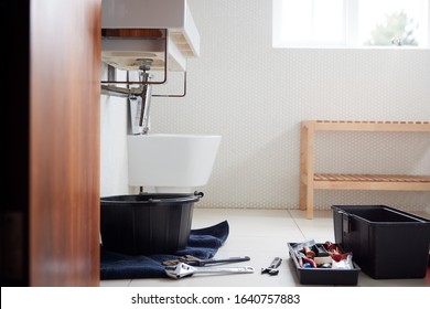 Plumbing Tools In Bathroom Ready To Repair Leaking Sink