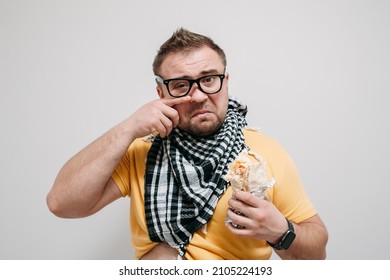 Plump Funny Man Eating Tasty Shawarma. Glutton