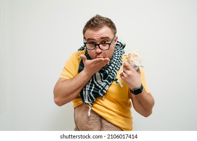 Plump Funny Man Eating Tasty Shawarma. Glutton