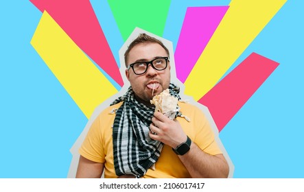 Plump funny man eating tasty shawarma. Glutton