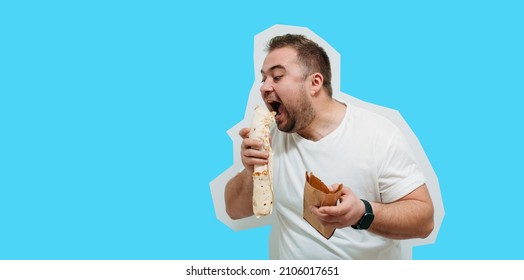 Plump Funny Man Eating Tasty Shawarma. Glutton