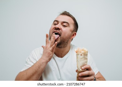 Plump Funny Man Eating Tasty Shawarma. Glutton