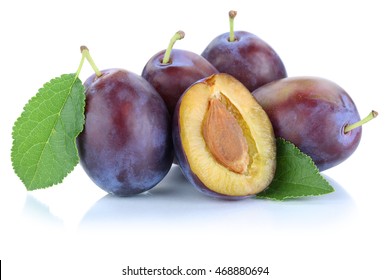 Plums Plum Prunes Prune Slice Leaves Fruits Fruit Isolated On A White Background