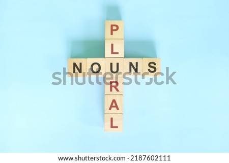 Plural nouns concept in English grammar education. Wooden block crossword puzzle flat lay in blue background.